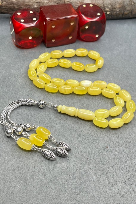 Damla Kehribar Tesbih - 925 Ayar Gümüş Püsküllü - 42.5 Gram