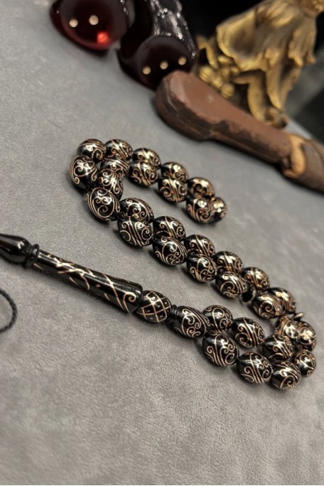 Altın İşlemeli Erzurum Oltu Tesbih – 10×15 mm, Koleksiyonluk Sanat Eseri, Kadir Çelebi Usta